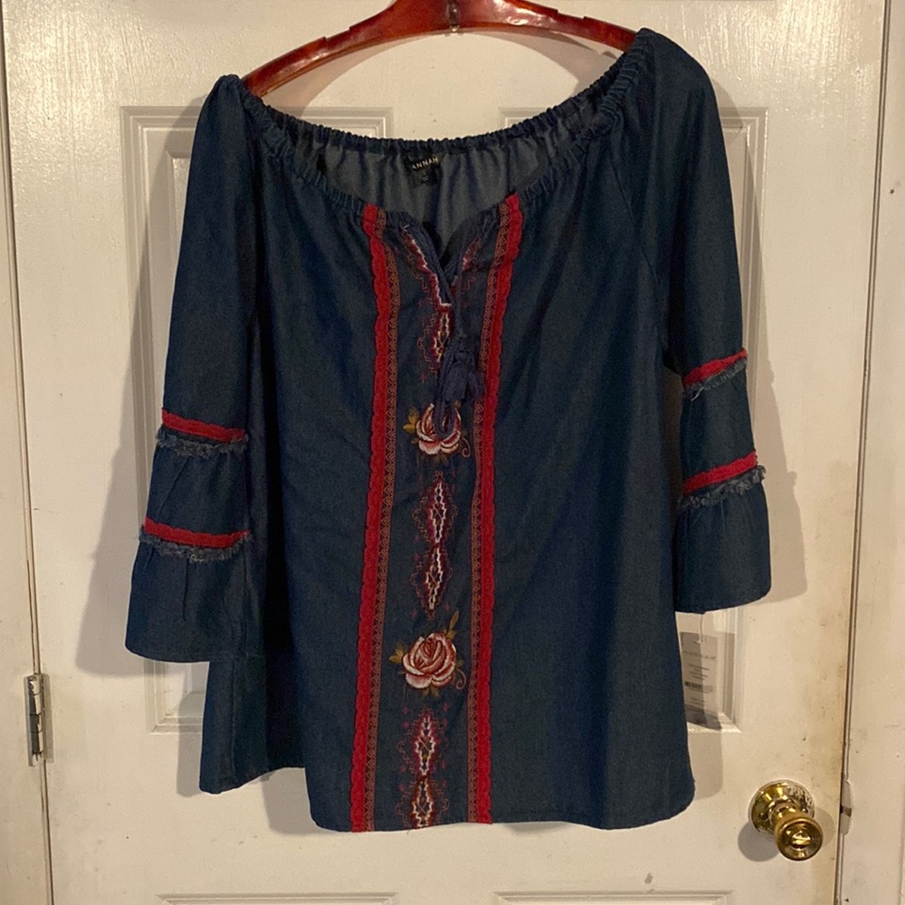 Off the shoulder embroidered denim boho top